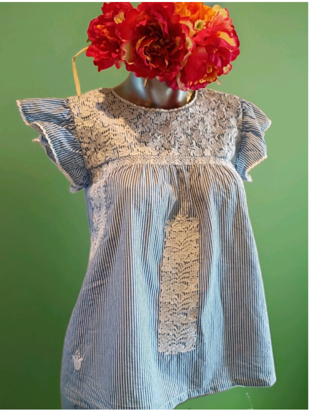 J MARIE Embroidered Blouse-Sz XS-Blue White Stripes Mexican Heritage Boho Beauty